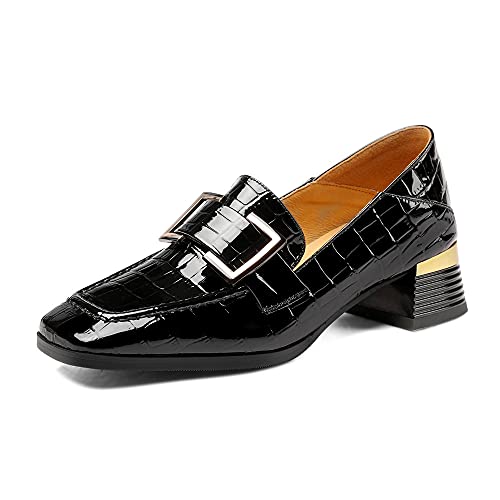 Image of TinaCus Women's Patent Leather Square Toe Handmade Buckled Casual Loafers Shoes with Low Chunky Heels