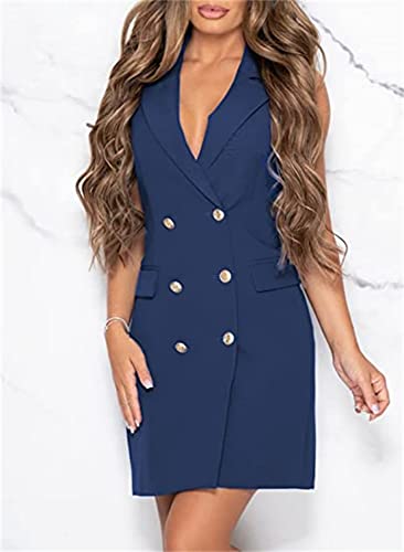 Women Blazer Dresses Elegant V-Neck Sleeveless Casual Work Office Double Breasted Blazer4
