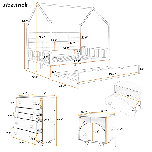 Aiuyesuo Cute 3-Pieces Bedroom Sets, Wooden Furniture Sets With Nightstand And Chest, Full Size House-Shaped Bed Frame With Trundle And Storage Shelf Compartment For Kids Boys Girls (White, Full) #TOP1