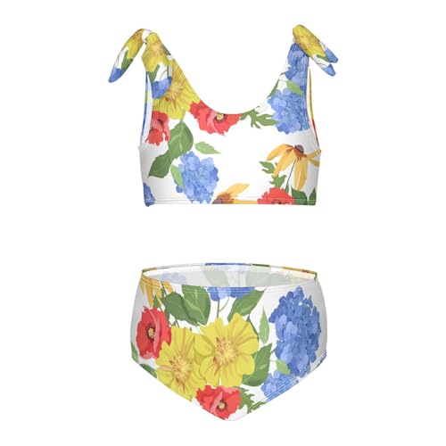 Girls Poppies and Hydrangea Pattern Swimsuit Two Pieces Bikini Set Bathing Suits Swimwear Crop Top Swimsuit Set