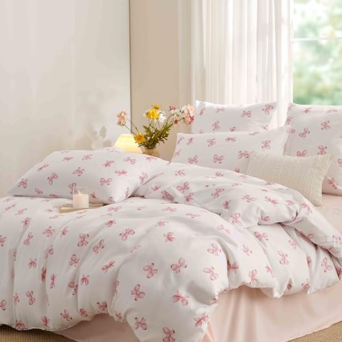 Image of Girls Duvet Cover Set Full Size,Pink White Bow Ties Pattern Bedding Set for Adults Kids Romantic Style,Soft Chic Microfiber Comforter Cover Sets with Zipper Closure and 2 Pillowcases