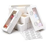 Caeuiciw 100 Pcs White Macaron Boxes with Window Bakery Packaging Container with 210 Pcs Thank You Stickers, Gift Boxe Packaging Boxes for 5-7 Macarons Cookie Candy Strawberry Chocolate