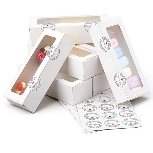 Caeuiciw 100 Pcs Macaron Boxes with Window, White Bakery Boxes for Cookies & Desserts, 210 Stickers Included, 7.9 x 2.8 x 2 Inches