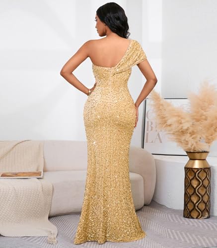 Image of Cololura Women Sexy Sequin One Shoulder Mermaid Formal Party Cocktail Gowns Bodycon Evening Maxi Dress