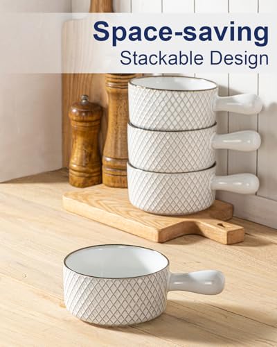 Anmula Französische Zwiebel Suppenschalen 4er Set, 591ml Keramik Suppenschalen mit Griffen für Suppe, Eintöpfe, Kasserollen - Ofen, Mikrowellen und Spülmaschinenfest, Weiß