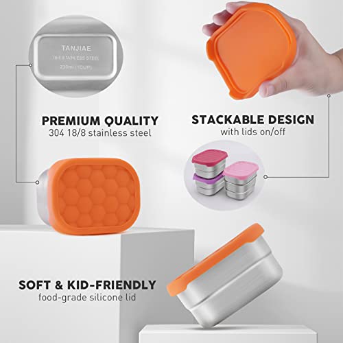 Image of Tanjiae Small (1 CUP) Stainless Steel Snack Containers for Kids | Easy Open Leak Proof Food Containers with Silicone Lids - Perfect Metal Toddler Lunch Box for Daycare and School (8oz)