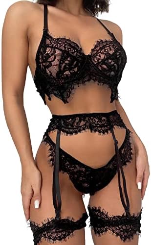 Lilosy Sexy Floral Lace Underwire Push Up Garter Lingerie Set Belt Bra and Panty 3 Piece