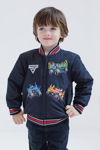 Image of Monster Jam Boys' Zip-Up Bomber Jacket Toddler to Big Kid | Full Front Hidden Zipper, Tapered Ribbed Collar, Side Seam Pockets, Warm Quilted Lining