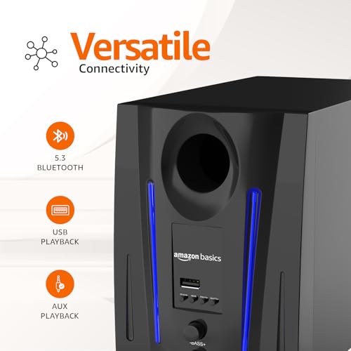 Image of Amazon Basics Wired Multimedia Speaker with Remote | 40W RMS | Bluetooth v5.3 | Aux in, USB, Micro TF Card | Compatible with TVs, Smart Phones, Tablets, PCs (Black)