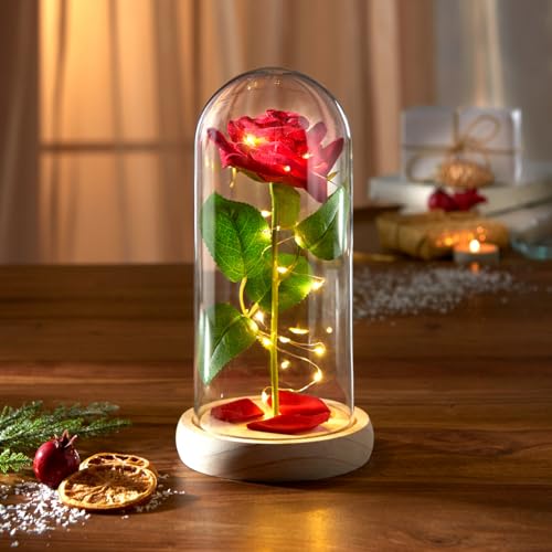 3 Pagen Eldo® Ewige rote Rose im Glas – Geschenkidee zum Geburtstag, Verlobung, Hochzeitstag oder Muutertag – romantische Dekoration – stimmungsvoll beleuchtet - batteriebetrieben