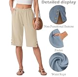 IWOLLENCE Spodenki do kolan damskie z kieszeniami Culottes Letnie spodnie Capri dla Wielkiej Brytanii Split Hem Dekoracyjne drewniane guziki Lekki i oddychający elastyczny pas, Morela, XL