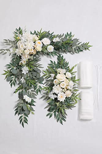 Serra Flora Wedding Arch Flowers Swag Kit (Pack Of 4) 2Pcs White Greenery Artificial Flowers With 2Pcs White Sheer Draping Fabric Floral Swags For Ceremony Reception Decorations #TOP6