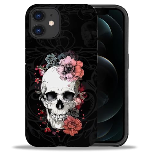 yicomon Compatible with iPhone 12/12 Pro Case，Skull Red Flower Floral Pattern Print Matte Phone Case Durable Fashion Funny Liquid Silicone Case Soft Anti-Scratch Shockproof Protective Cover