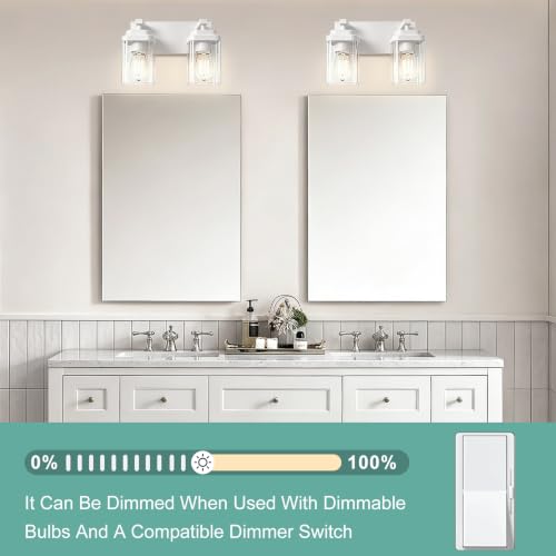 Image of White Bathroom Light Fixtures, 2 Lights Bathroom Lighting Fixtures Over Mirror, Square Design & Rectangle Large Backplate, Modern Vanity Lighting Fixtures, for Bathroom /Living Room /Bedroom