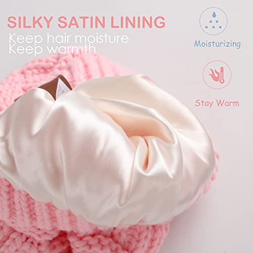 Kids Satin Lined Winter Hat Toddler Cable Knitted Beanie Silk Lined Thick Chunky Cap Soft Slouchy Warm Hat for Children3