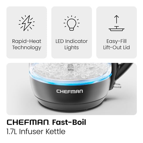 Chefman Electric Kettle with Tea Infuser, 1.7L 1500W, Removable Lid for Easy Cleaning, Boil-Dry Protection, Stainless Steel Filter, BPA Free, Auto Shut Off Hot Water Boiler, Glass Electric Tea Kettle