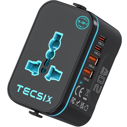 Image of Universal Travel Adapter Worldwide PD 20W, TECSIX International Power Adapter Fast Charging with 2 USB C, 2 USB A Multi Outlets, Gan Travel Plug Adaptor for EU US UK AUS 200+ Countries