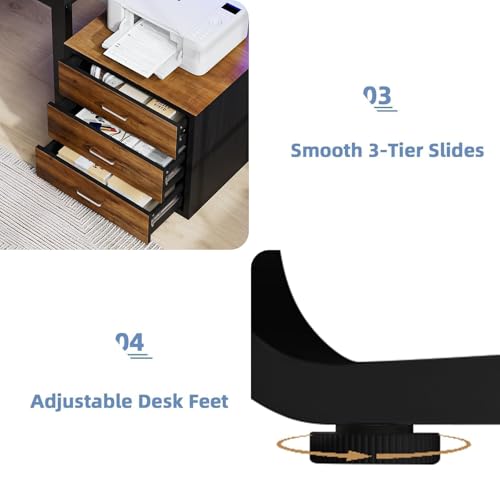 Image of MaverickFurni 67'' Computer Desk with 3 Drawers, Home Office Desk with Printer Shelf and Monitor Stand, Gaming Desk with LED Lights, Black and Walnut