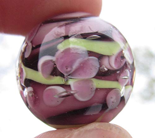 Big Game Toys~22Mm (7/8") Protea Hand Made Art Glass Marble W/Stand Purple/Green Flower Swirl #TOP3