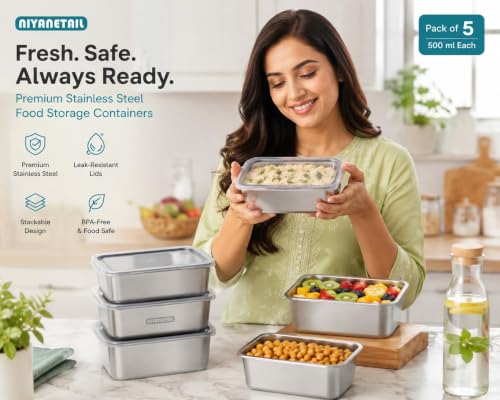 Image of Stainless Steel Food Storage Containers with Transparent Lids, 500 ml Each, Pack of 5 Stackable Kitchen Storage Boxes Leak-Resistant Containers for Lunch, Snacks, Fruits, Dry Foods & Meal Storage