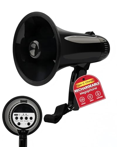 MyMealivos 20W Rechargeable Megaphone Speaker Built in 240s Recording & Siren Up to 300ft Voice Range/650ft Siren Coverage-5.48.6 Portable Bullhorn with Wrist Strap and Type-C Charging(Black)