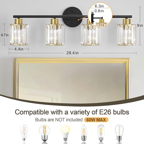 Image of Modern Black Gold Crystal Bathroom Light Fixtures,4-Light | Bathroom Lighting Fixtures over Mirror,Vanity Lights for Mirror, Restroom(Ceramic E26 Socket,Bulbs Not Include)