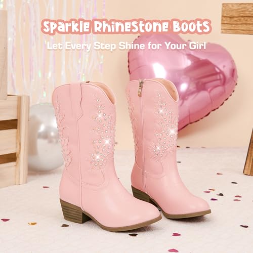 Sparkly Rhinestone Cowgirl Boots Toddler to Big Kids Mid Calf Zipper Low Heel Pointed Toes Party Birthday Dress Up4