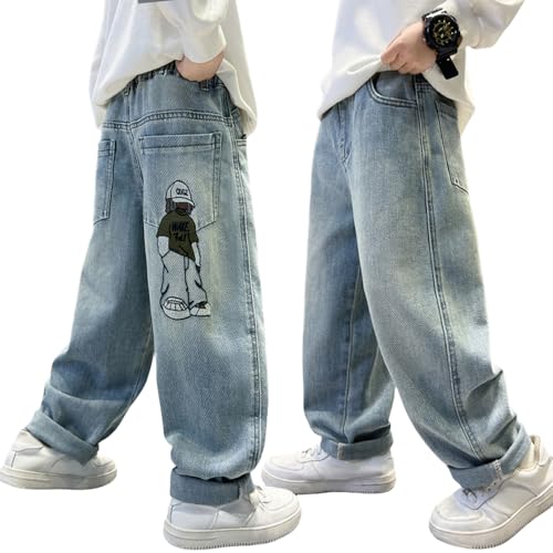 Nivne Tco Boys Baggy Jeans, Y2K Pants with Cartoon Embroidery - Fashion Loose Fit Casual Pants with Pockets for Kids. (US, Age, 12 Years, Blue)