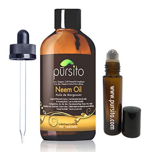 Organic Neem Oil and Treatment Roller, Pure Cold Pressed & Unrefined For Skin, Nails, Face, Hair & Scars Anti-Aging Moisturizer Oil (1oz) USDA Organic by Pursito