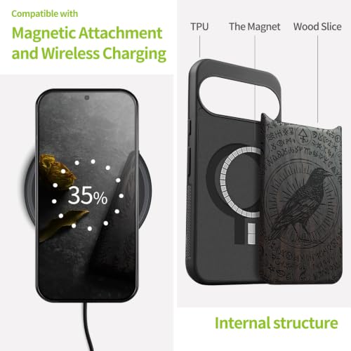 Coque Pixel 11 en bois gravé corbeau compatible MagSafe chic - 4
