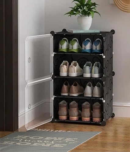 Image of Zemic DIY Portable Shoe Rack for Home Plastic Shelves Household, Shelf Shoe Rack with Dustproof Door for Heels /Slippers /Boots for Entryway or Bedroom (Black, 4-Shelf-2-Door)