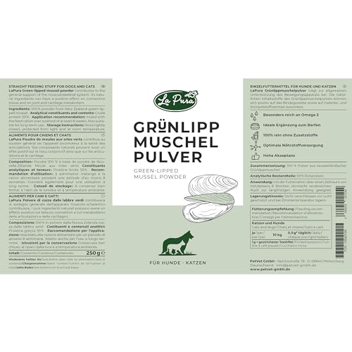 LAPURA Grünlippmuschelpulver Hund & Katze - 100% natürlich, für Gelenke & Mobilität, in Vollfettqualität, mit Omega 3, Grünlippmuschel Katze & Grünlippmuschel Hund Pulver, 250g