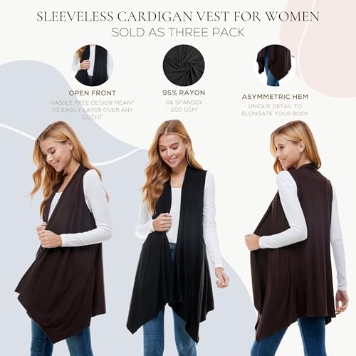 Image of Azules Sleeveless Cardigan for Women, Soft Lightweight Duster Open Front Sleeveless Long Cardigan Vest (3 Pack)