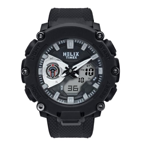 Image of Helix by Timex Ana Digital Watch for Man with Black Round Dial & Black Silicone Strap Band Water Resistant Men's Wrist Watches - TWESK7603T