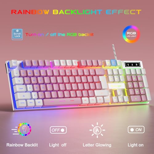 Image of BlueFinger RGB Gaming Keyboard and Backlit Mouse and Headset Combo, USB Wired Backlit Keyboard, LED Gaming Mouse Set, Headset with Microphone for Laptop PC Computer Game and Work (White & Pink)