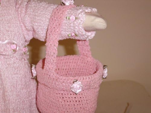 Hand Crocheted Pink Rayon Cotton Gimp Easter Basket with Carnations