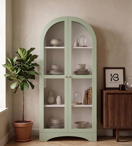 Image of Archies 2 Door Display Cabinet Crockery Cabinet Wooden Multipurpose Cabinet Olive Green and Off White 80 x 40 x 160 cm