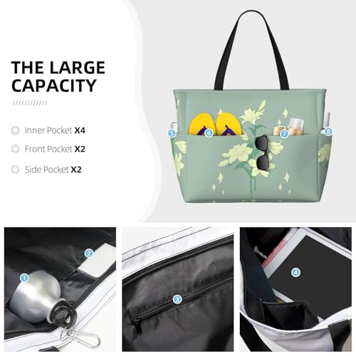 Cartoon white lilies Printed beach travel bag, perfect for shopping bags, swimming pools, gyms, travel shopping, large capacity beach bag with zipper,3
