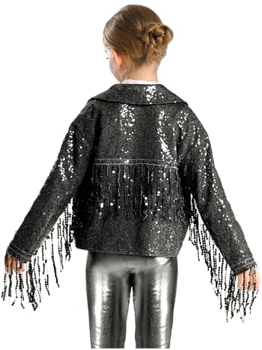 Aislor Kids Girls Sequins Long Sleeve Fringed Open Front