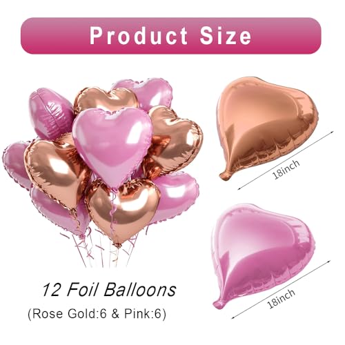 wrovitik 12 pcs Rose Gold and Pink Heart Foil Balloons, 18 inch Heart shaped Balloons foil Love Ball