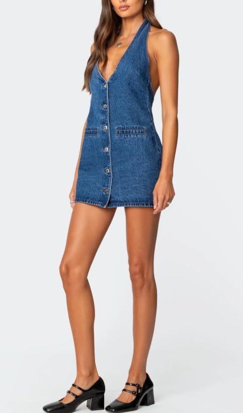 Women's Summer Sexy Backless Denim Dress Deep V-Neck Halter Mini Dress Sleeveless Button Down Jean Dresses with Pockets2