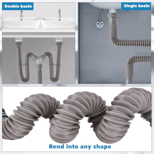 Double Sink Drain Kit, Flexible Sink Drain Pipe 1-1/2 inch Trap Fits Sin-k Bowl Dra-in Expandable All-In-One-Drain Kit with Sealing Ring, Tape for Kitchen, Bathroom(COLOR:1)