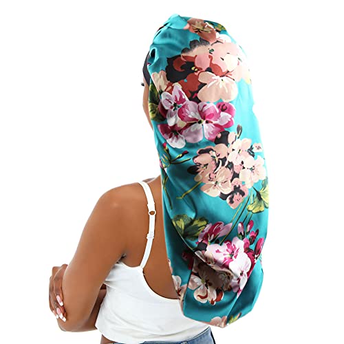 Sent Hair Extra Long Satin Bonnet Sleep Cap for Women, Double Layer Silky Hair Bonnet for Braids/Curly/Long Hair - Soft Elastic Band, Green Floral