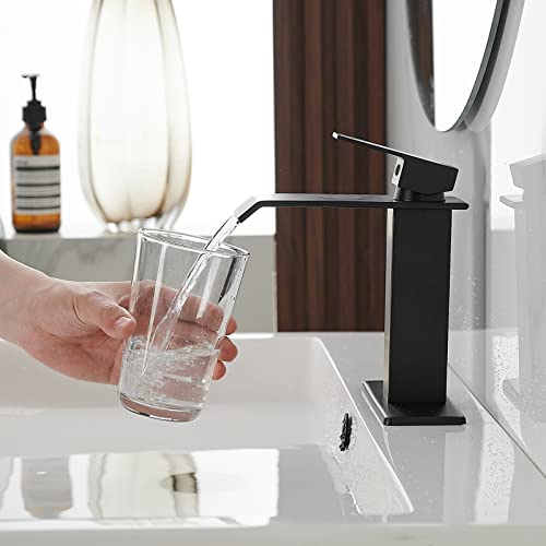 Bwe Black Bathroom Faucet Modern Waterfall Matte Black Bathroom Sink Faucet Single Hole With Pop Up Drain Parts Spout Bath Lavatory Vanity Stopper Overflow And Supply Hose Single Handle #TOP7