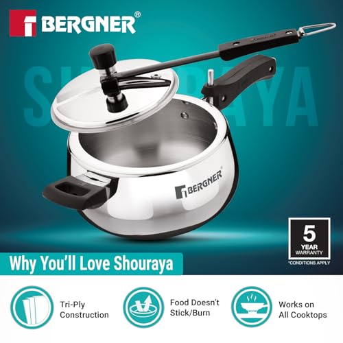 Image of Bergner Shouraya Triply Stainless Steel 5 Litres Inner Lid Pressure Cooker, Belly Shape, Faster and Even Heat Distribution, Healthy Cooking, ISI-Certified - Induction and Gas Stove Ready