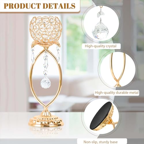 2 Pcs Gold Elegant Metal Crystal Tea Light Candle Holders with Bling Crystal Pendants, Hollow Design - Wedding Table Centerpieces for Anniversary Birthday Party, Home Decor - Image 4