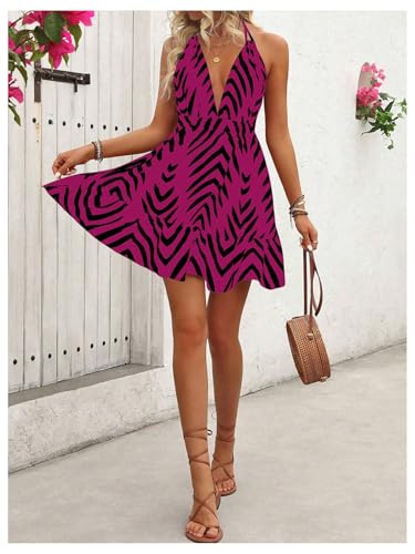 Image of SweatyRocks Women's Printed Tie Backless Mini Dresses Ruffle A Line Sleeveless Low Cut Halter Dress