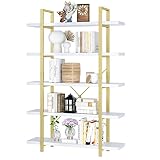 SOMY 5-Tier Bookcase 70” Height, Vintage Industrial Bookshelf, Open Storage Display Shelves Organizer, Metal Farmhouse Book Shelf for Home Office, Gold White
