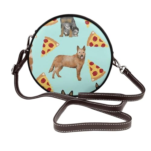 Hnnkloy Pastores australianos, Blue Heelers y Red Heelers y pizzas,Bolso de hombro de piel sintética, bolso cruzado redondo - Bolso circular para mujer