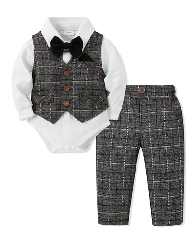 DISAUR Baby Boy 4pc Dress Romper Vest Pants Bow Tie Cotton Suit